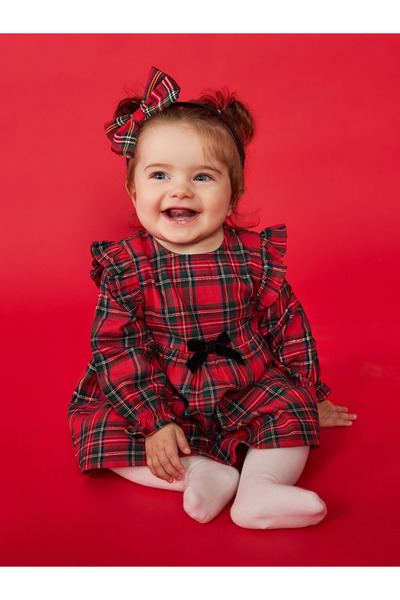 LC Waikiki Baby Red Crew Neck Plaid Baby Girl Dress