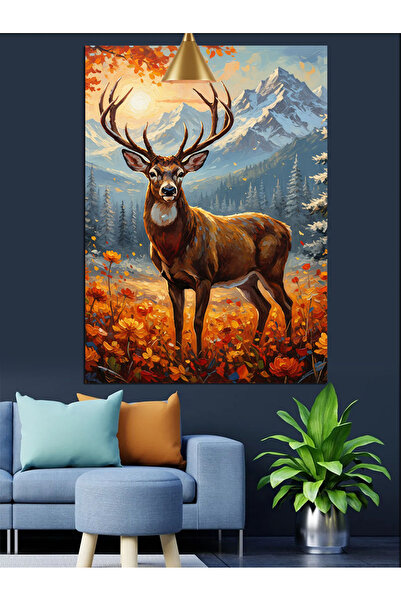 Tablo Mega Boynuzlu Geyik ve Orman Dekoratif Kanvas - Mdf Ahşap Tablo