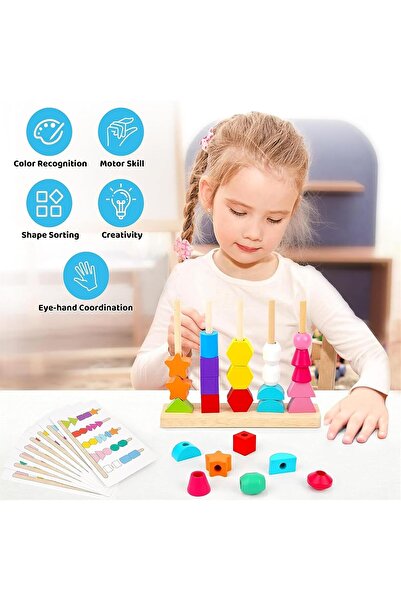 X SPRING Montessori Wooden Bead Sequencing Set – 25 Beads, 8 Double-sided Cards, 2 Laces
