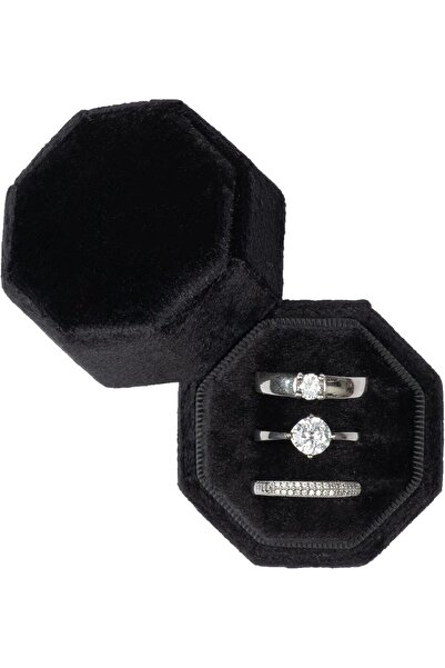 SWIUKPHE صندوق تخزين خواتم مخملي مثمن متساوي الأضلاع، 3 فتحات، أسود