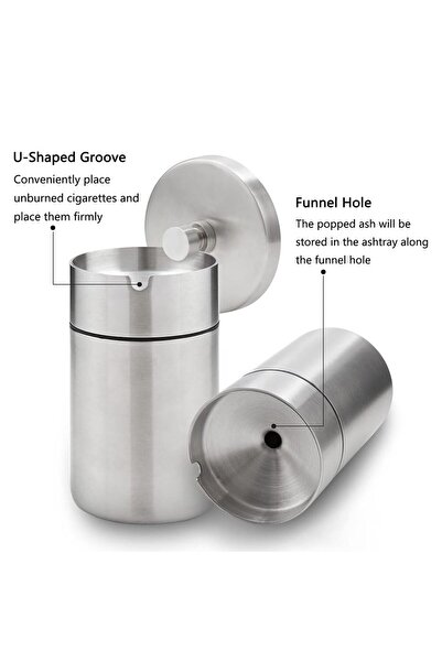 JZS Stainless Steel Car Ashtray with Lid - Smell Proof, Portable, Detachable, Windproof (Silver)