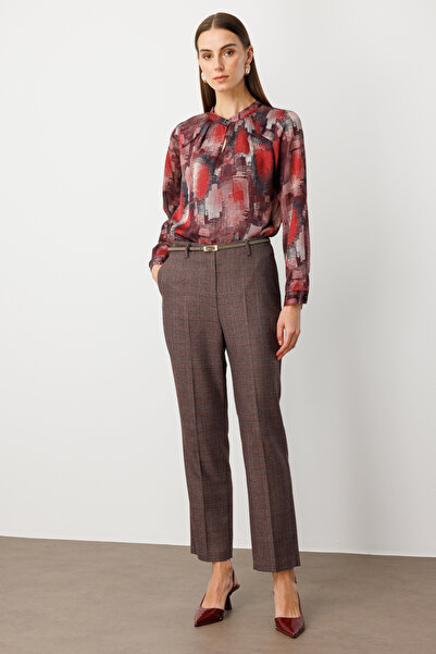 Ekol Plaid Pipe Leg Trousers Burgundy