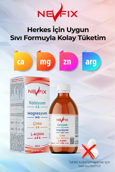 Nevfix Kalsiyum Magnezyum Çinko D3 K2 Vitamini Astaksantin Lutein L-Arginin İyot Magnezyum 150 ml Likit