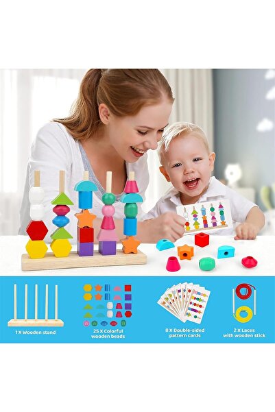 X SPRING Montessori Wooden Bead Sequencing Set – 25 Beads, 8 Double-sided Cards, 2 Laces