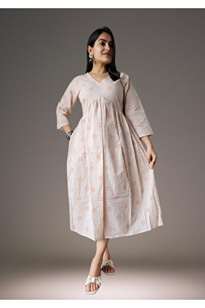 IndHeritage Premium pure cotton beige colour dress with abstract baghru print for women - Indo Western wear