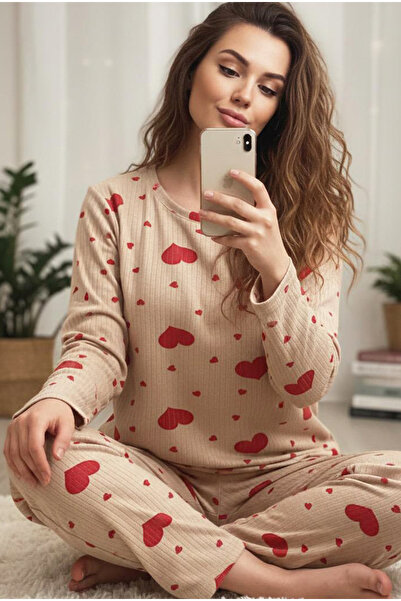 Siyah İnci Mink Red Heart Patterned Soft Touch Winter Corded Fabric Cotton Knitted Pajamas Suit 7977