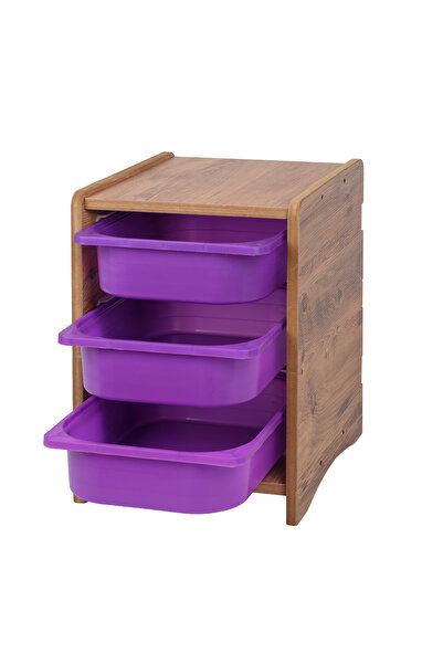 BEEVOLİ 18mm MDF Ceviz Çocuk Odası Dolabı, Lila Çekmeceli 3’lü Düzenleyici Ün...