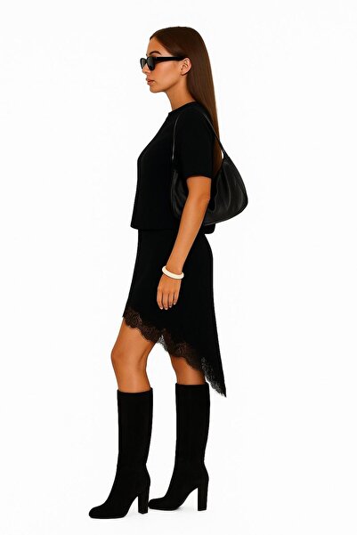 DEEP BEACH Asymmetrical Slit Lace Detailed Mini Skirt