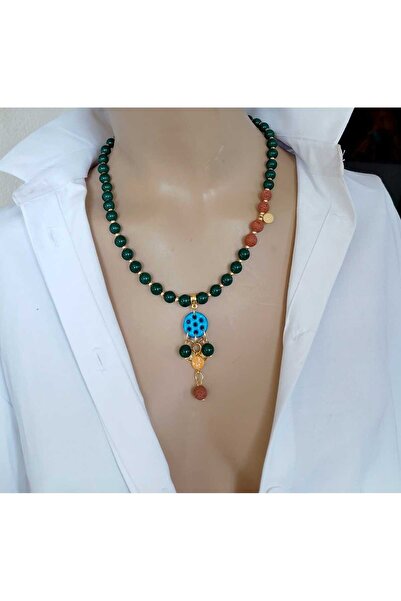 shop Luna Yeşil Tibet Akiği Lav Taşı Siyah Oniks Süryani Cam Boncuk Detaylı T...