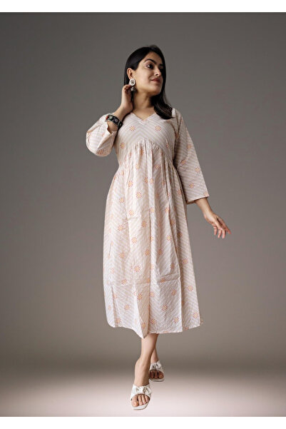 IndHeritage Premium pure cotton beige colour dress with abstract baghru print for women - Indo Western wear