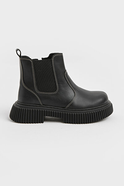 Tonny Black Children's Unisex Black Leather Thick Serrated Thermo Sole Zippered Elastic Chelsea Boots