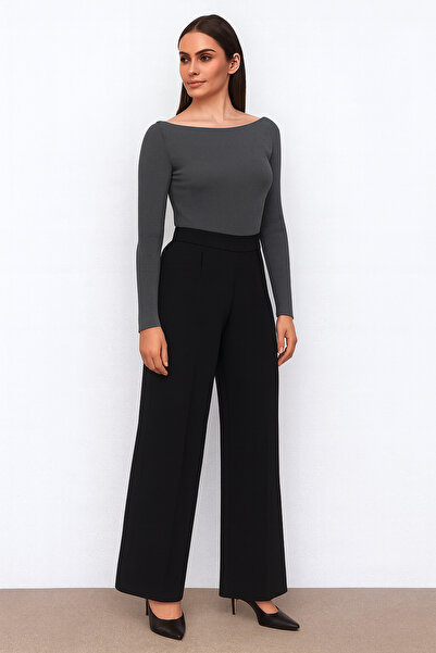 Ramior Women's Boat Neck Anthracite Gray Ribbed Knit Blouse – Long Sleeve Flexible Fit Top