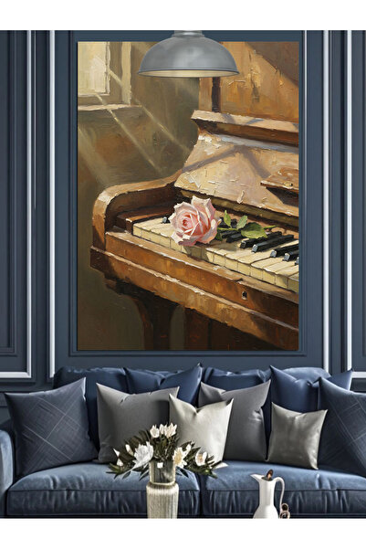 Tablo Mega Piyano Tuşları Üstündeki Pembe Gül Dekoratif Kanvas - Mdf Ahşap Tablo