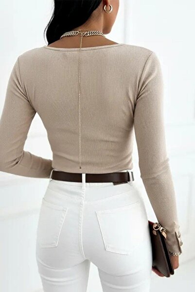 Mossta Μπλούζα με κουμπιά μακρυμάνικη πλέξη ριμπ - Μπεζ