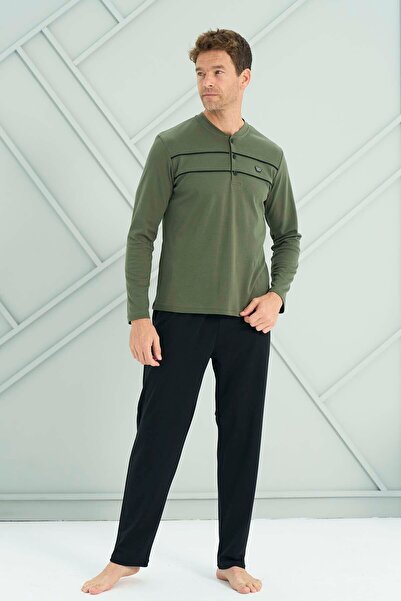 REMSA Ανδρικό σετ πιτζάμες με μακρυμάνικο βαμβακερό χτενισμένο βαμβάκι 2210 Bitter Green01