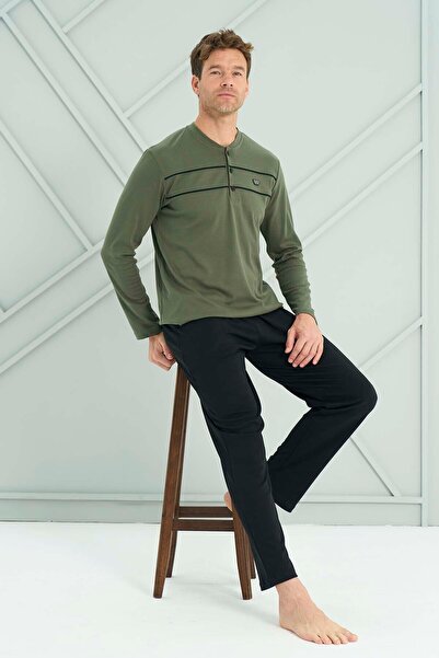 REMSA Ανδρικό σετ πιτζάμες με μακρυμάνικο βαμβακερό χτενισμένο βαμβάκι 2210 Bitter Green01