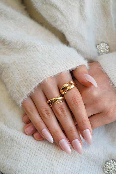 The Collection Set of 2 Modern Curved Vintage and Cross Shape Vip Gold Rings
