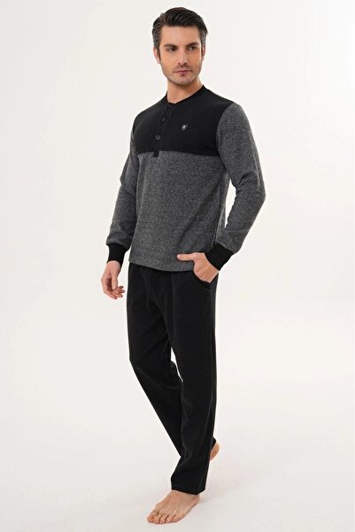 Mecit Pijama Large Size Thessaloniki Fabric Collar Buttoned Winter Men's Pajama Set 70% Cotton 30% Polyester