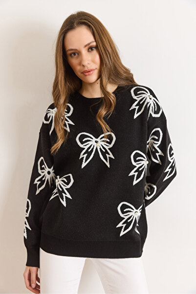 Olalook Women's Black Bow Detailed Oversized Knitwear Sweater Kzk-19000971