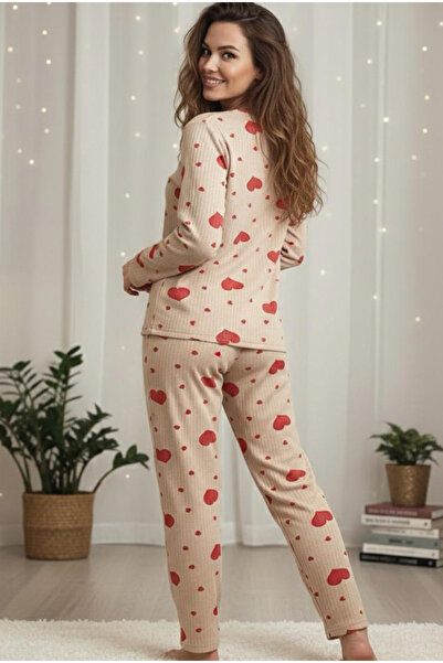 Siyah İnci Mink Red Heart Patterned Soft Touch Winter Corded Fabric Cotton Knitted Pajamas Suit 7977