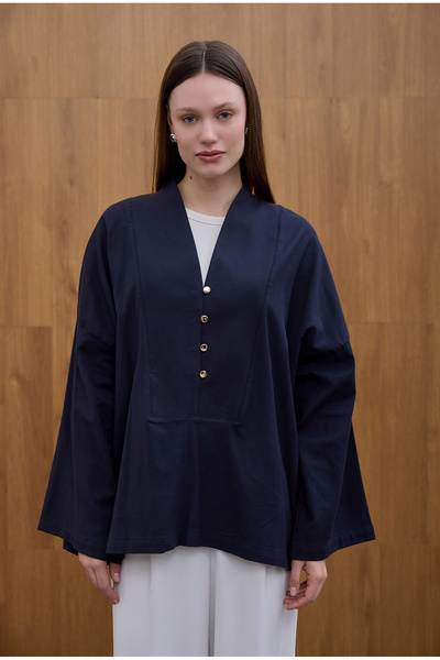 Birgül Bektaş Navy Blue Button Detailed Front Blouse