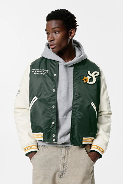 Pull & Bear Embroidered varsity bomber jacket