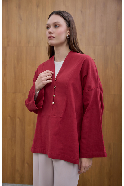 Birgül Bektaş Burgundy Front Button Detailed Blouse