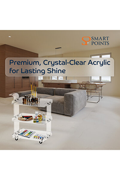 SP SMARTPOINTS Clear Acrylic 3-Tier Bar Cart, Rolling Trolley, 76x38x80 cm