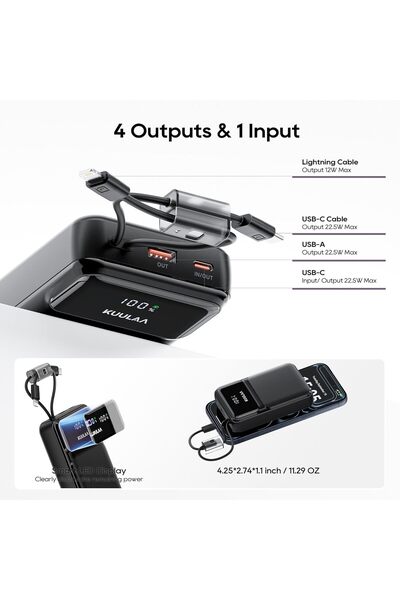 Kuulaa Power Bank 20000mAh with Built-in Cables, 22.5W Fast Charging Portable Charger