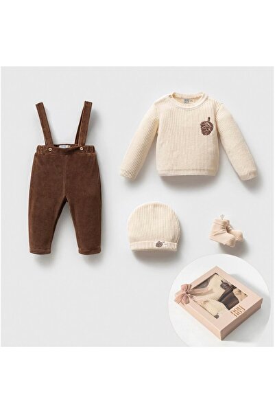 Noy Noy Bebek Triko Takım 4’lü Hediye Seti – Askılı Pantolon, Triko Kazak, Be...
