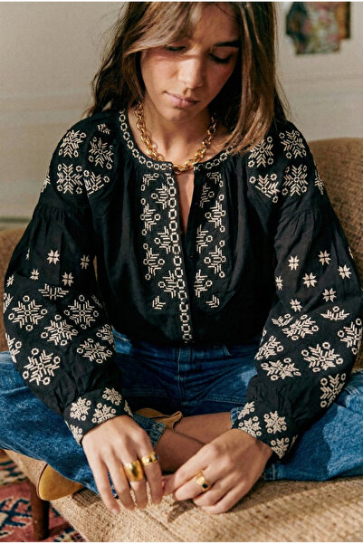 FEMELLE Women's Black Buttoned Balloon Sleeve Embroidered Cotton Blouse