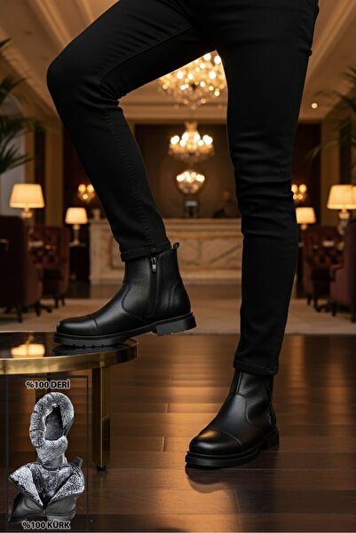 BIG KING Fur Lined Zippered Chelsea Genuine Leather Men's Boots