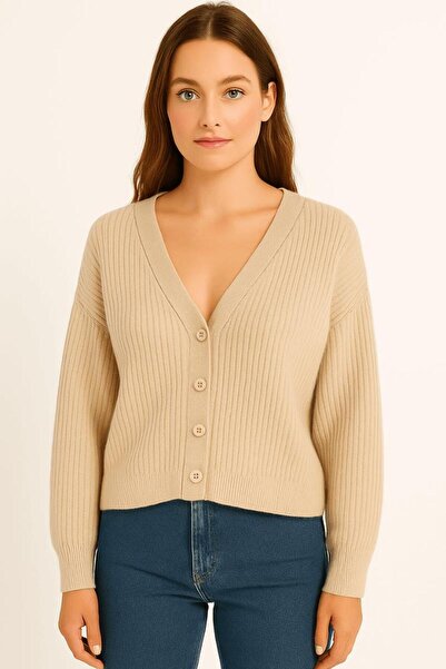 Mixray Uzun Kollu VYakalı Düğme Detaylı Crop Triko Kazak
