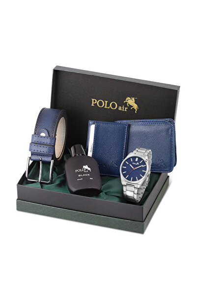 Polo Air Erkek Kol Saati Cüzdan Kemer Kartlık Parfüm Hediyelik Kutusunda Gümü...