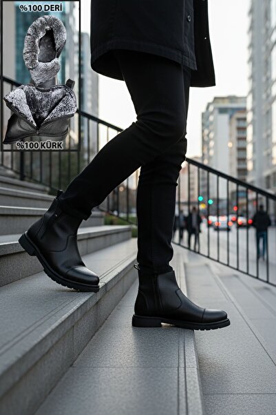 BIG KING Fur Lined Zippered Chelsea Genuine Leather Men's Boots