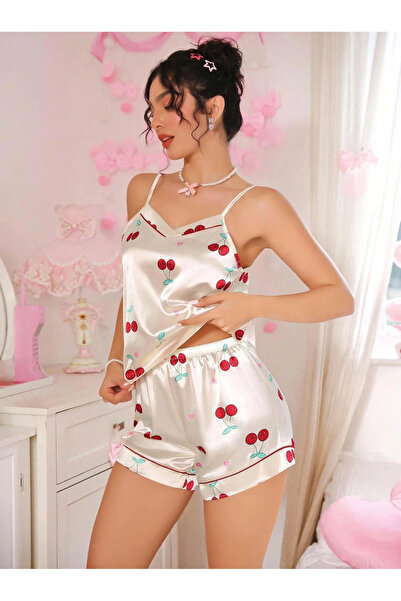 R RUSELİN Kadın Ekru Kiraz Desenli Saten Şort Pijama Takımı 2226