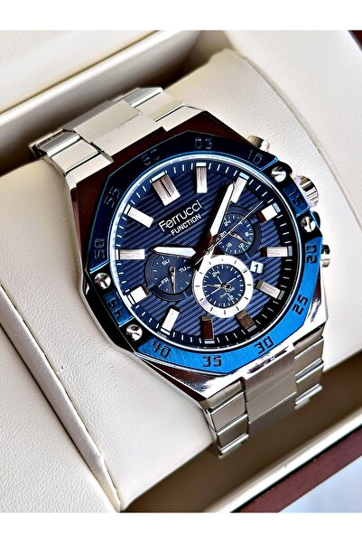 Ferrucci Functional Silver-Navy Color Steel Cord Men's Wristwatch