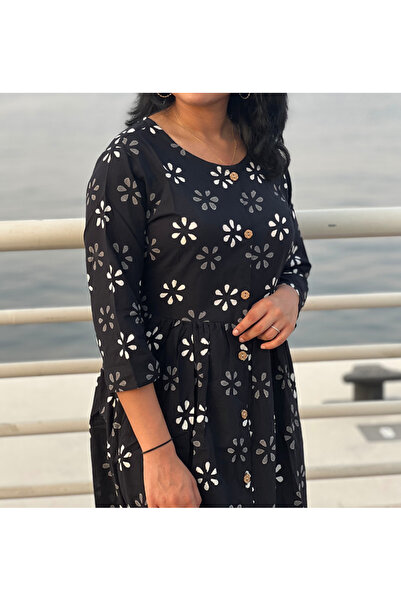 IndHeritage Premium pure cotton dark blue colour dress with grey & white floral baghru print for women