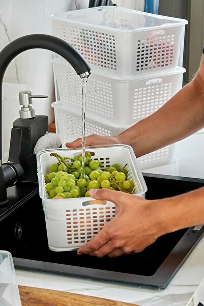 espashome Storage Container with Strainer and Leak-Proof Lid 5 Lt - 3 Pieces - White