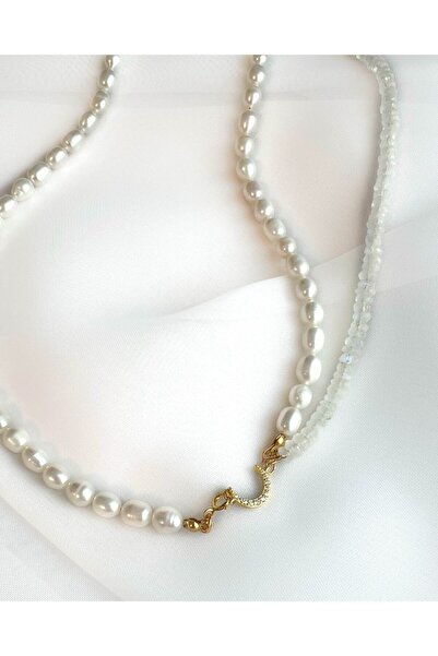 Moonlight Jewelry Colier „Semiperlă de Lună” – Piatră Lunii și Perle de Cultură
