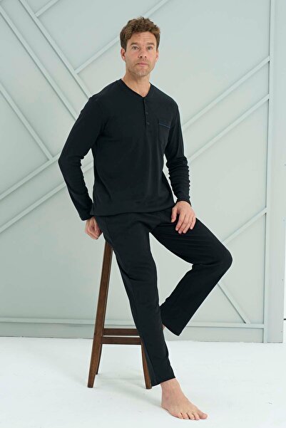 REMSA Men's Combed Cotton Long Sleeve Pajama Set 2207 Black02
