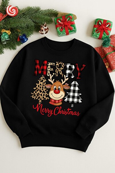 PALPİTO Women's Black Deer Christmas Printed Crew Neck Oversized Sweatshirt