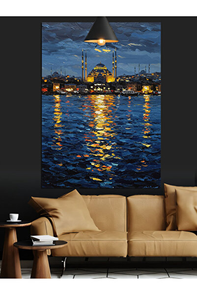 Tablo Mega Denizden İstanbul Şehrinde Işıklı Gece Dekoratif Kanvas - Mdf Ahşap Tablo