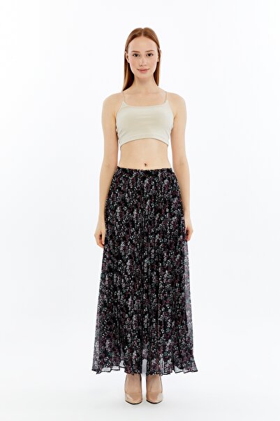 sehatex Lined Pleated Patterned Chiffon Elastic Waist Skirt