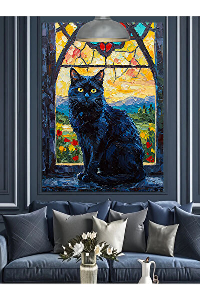 Artmeg Vitray Camlı Penceredeki Siyah Kedi Dekoratif Kanvas - Mdf Ahşap Tablo