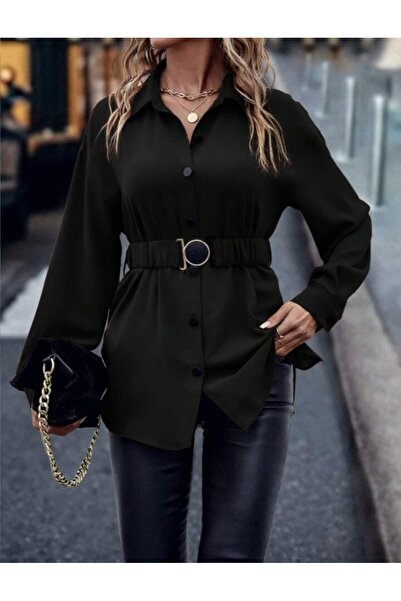 Modayakamoz Yeni Sezon Yakalı Uzun Kollu Kemerli Krep Bluz Şık Kadın Model