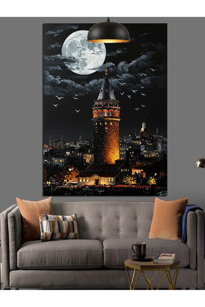 Tablo Mega Dolunaylı Gece Galata Kulesi Dekoratif Kanvas - Mdf Ahşap Tablo