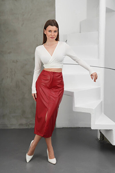 Zerenyus Slit Long Leather Skirt Burgundy