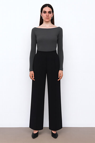 Ramior Women's Boat Neck Anthracite Gray Ribbed Knit Blouse – Long Sleeve Flexible Fit Top