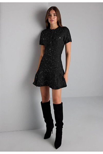 Valerin Antakya Düğme Detaylı Simli Siyah Mini Triko Elbise